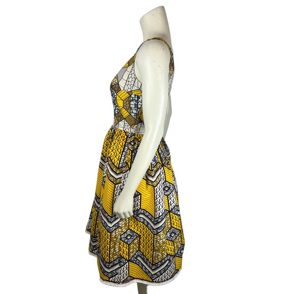 Lena Hoschek Sleeveless Nairobi Dress S African Print Honeycomb Fit Flare Yellow - Picture 3 of 11